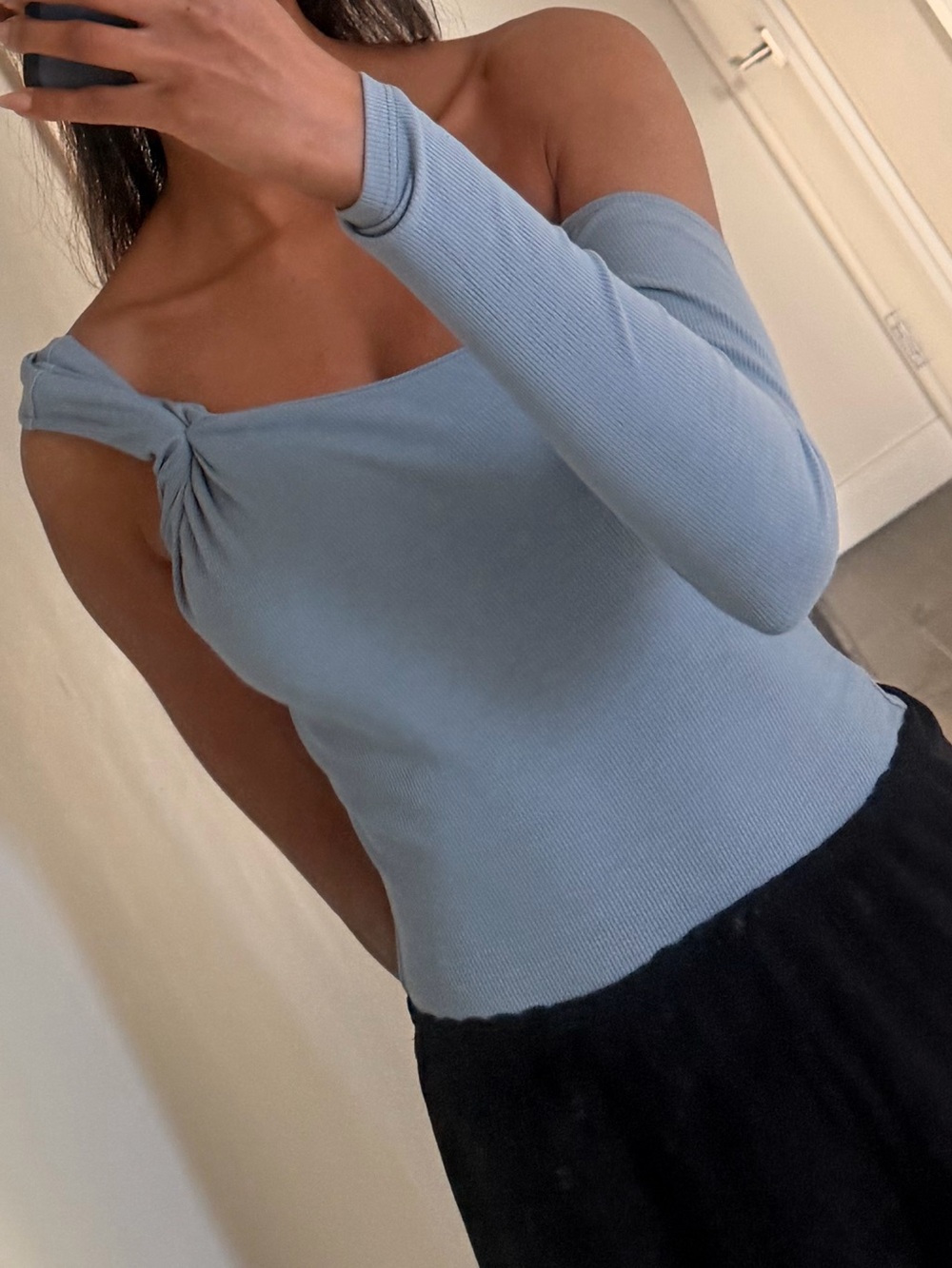 Camila Coelho Light Blue One-Shoulder Long-Sleeve Bodysuit